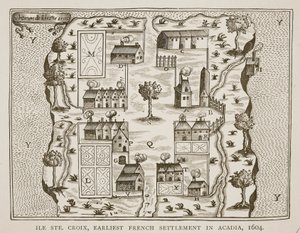 Ile Ste. Croix, varhaisin ranskalainen siirtokunta Acadiassa, 1604, Samuel de Champlainin (n. 1580-1635) Voyagesista, 1613 tekijältä French School