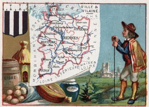 Ille-et-Vilaine (Ille et Vilaine, 35), Bretagne, Ranska. Siideri ja voita. Sarja Ranskan departementeista. Kromolitografia (Chromo) "" maantieteellinen lanka"", noin 1920. Yksityinen kokoelma. tekijältä French School