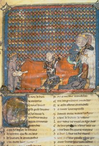 Antologian valaistu sivu, jossa vasemmalta oikealle, Adenet le Roi, herttua Henryn pappi; Flanderin kreivi Guy; Marie, Ranskan kuningatar ja Philip rohkean vaimo (1342-1404); ja Mada tekijältä French School
