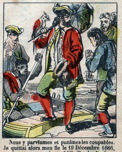 Kuvitus Daniel Defoen kirjalle (De foe) "" Robinson Crusoe"". Epinaalikuvaus 1800-luvun lopulta. tekijältä French School
