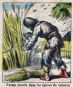 Kuvitus Daniel Defoen kirjaan (De foe) "" Robinson Crusoe"". Epinaalikuvaus 1800-luvun lopulta. tekijältä French School