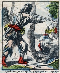 Kuvitus Daniel Defoen kirjaan (De foe) "" Robinson Crusoe"". Epinaalikuvaus 1800-luvun lopulta. tekijältä French School