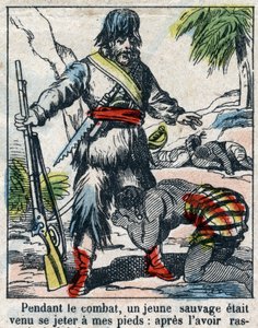 Kuvitus Daniel Defoen kirjaan (De foe) "" Robinson Crusoe"". Epinaalikuvaus 1800-luvun lopulta. tekijältä French School