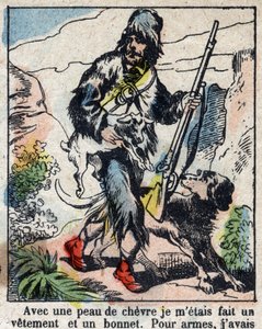Kuvitus Daniel Defoen kirjaan (De foe) "" Robinson Crusoe"". Epinaalikuvaus 1800-luvun lopulta. tekijältä French School