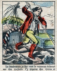 Kuvitus Daniel Defoen kirjaan (De foe) "" Robinson Crusoe"". Epinaalikuvaus 1800-luvun lopulta. tekijältä French School