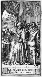 Kuvitus Thomas Corneillen (1625-1709) Le Comte dEssexistä, julkaistu vuonna 1680 tekijältä French School