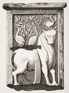 Kuva Holy Ox Celtic -monumentista, joka löydettiin Pariisin Notre Damen katedraalin kuoron alta vuonna 1711, Paul Lacroixin (1806-84) Le Moyen Age et La Renaissance -teoksesta, julkaistu 1847 tekijältä French School
