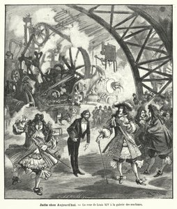 Kuningas Ludvig XIV:n ja hänen hovinsa kuviteltu vierailu Pariisin Exposition Universelle -näyttelyn koneiden paviljonkiin vuonna 1889 (kaiverrus) tekijältä French School