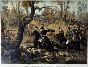 Keisarinna Eugenie ja Napoleon III: Metsästyskohtaus Compiegnessa tekijältä French School