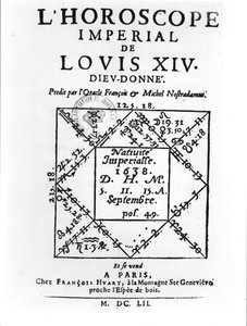 Ludvig XIV:n keisarillinen horoskooppi (1638-1715), Michel Nostradamus (1503-66), julkaissut Francois Huart Pariisissa 1652 tekijältä French School