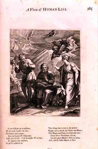 Teoksessa Attendance of Death, kuvitus runosta "Näkymä ihmiselämästä", Marin Le Roy de Gombervillen (1600-74) "Moraaliopin" kaiverruksesta Daret (kaiverrus) tekijältä French School