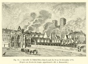 Tuli Hôtel-Dieussa yöllä 29. ja 30. joulukuuta 1772, M A Bonnardotille kuuluvan ajan piirtämisen jälkeen. tekijältä French School