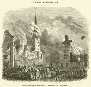 Pyhän Pietarin kirkon palaminen, Hampuri, 7. toukokuuta 1842 (kaiverrus) tekijältä French School
