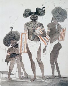 Port Dorin asukkaat, Jules-Louis Lejeunen akvarelli, pohjautuu matkaan maailman ympäri tekijältä French School