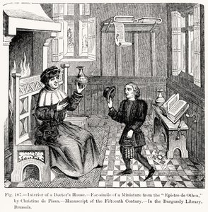 Tohtoreiden talon sisustus, Christine de Pisanin Epistre dOtheasta, kuvitus tieteestä ja kirjallisuudesta keskiajalla ja renessanssilla, kirjoittanut ja kaivertanut Paul Lacroix, 1878 (kaiverrus) tekijältä French School