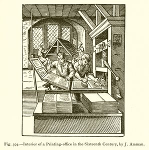 Kirjapainon sisustus 1500-luvulla tekijältä French School