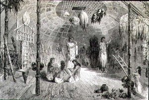 Intiaanimajan sisätilat 1860-luvulla (kaiverrus). tekijältä French School