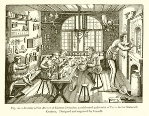 Pariisin kuuluisan kultasepän Etienne Delaulnen ateljeen sisustus 1500-luvulla tekijältä French School