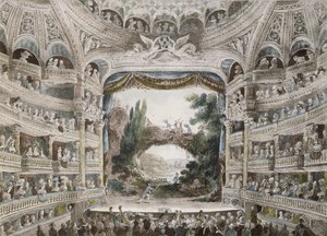 Comedie Francaise -teatterin sisustus vuonna 1791 alkuperäisen akvarellin jälkeen tekijältä French School