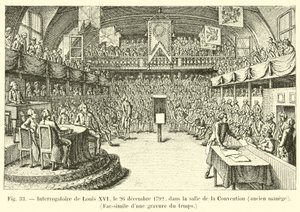 Ludvig XVI:n kuulustelu 26. joulukuuta 1792 Salle de la Conventionissa, entisessä ratsastuskoulussa, faksimile aikaisesta kaiverruksesta tekijältä French School