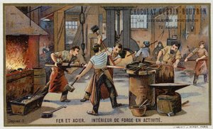 Rauta ja teräs. Vilkkaan sepän sisätilat (chromolitho) tekijältä French School
