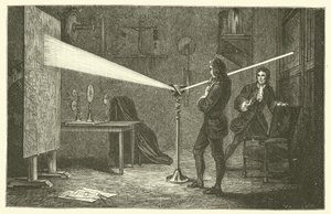 Isaac Newton hajottaa valon (kaiverrus) tekijältä French School