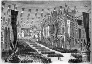 Italian yhdistyminen, Torino, 2. huhtikuuta 1860: Linna-aukion (Piazza Castello) koristelu Italian parlamentin avajaisten yhteydessä. Kaiverrus "" Le Monde Illustré" -julkaisussa nro 157, 14. huhtikuuta 1860. tekijältä French School