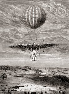 Jacob Degenin vuonna 1808 valmistama läppäventtiileillä varustettu ornithopteri, jossa lentäjä seisoi jäykällä kehikolla ja käytti siipiä liikkuvan vaakapalkin avulla, noin vuonna 1870 julkaistusta teoksesta "Les Merveilles de la Science" (litografia). tekijältä French School