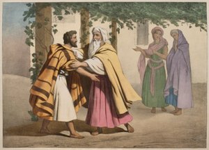 Jaakob Labanin ja hänen tyttäriensä kanssa, kuvitus katekismuksesta LHistoire Sainte, julkaisija Charles Delagrave, Pariisi, 1800-luvun loppu tekijältä French School