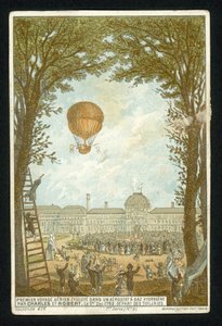 Jacques Charles ja Marie-Noel Robert nousevat ensimmäisen vetypallolla, Pariisi, 1. joulukuuta 1783 tekijältä French School