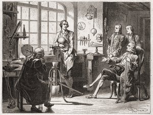 James Watt (höyrykoneen keksijä vuonna 1769) Glascow-liikkeessään - "" Album of Sciencessä; maineikkaat tiedemiehet; Suuria löytöjä””” 1896. tekijältä French School