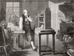 James Watt Glasgow-työpajassaan parantamassa Thomas Newcomenin vuoden 1712 Newcomen-höyrykonetta Watt-höyrykoneella vuonna 1781, Les Merveilles de la Science, pub.1870. tekijältä French School