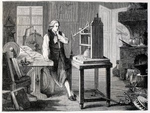 James Watt tutkii Newcomenin koneen täydellistämistä (1767) - "" Album of Sciencessa; maineikkaat tutkijat; Suuria löytöjä”” 1896. tekijältä French School
