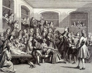Jansenismi: Saint-Médardin hautausmaan kouristukset diakoni Parîsin (1690 - 1727) haudalla, jossa tapahtui "ihmeitä". 1700-luvun printti. tekijältä French School