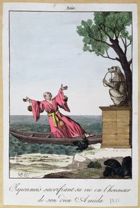 Japanilainen mies uhraamassa henkensä Amidan jumalan kunniaksi, 1811 (väri litho tekijältä French School