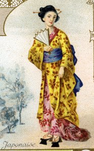 japanilainen nainen. Painos Pariisin litografia, 1800-luvun loppu. 25 mainoskromon sarja Dijonin keksien valmistukseen Pernot, luotu vuonna 1869. Yksityiskohta hahmoista perinteisissä puvuissa tekijältä French School