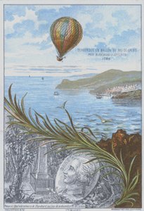 Jean-Pierre Blanchard ja John Jeffries tekivät ensimmäisen ilmapallolennon Englannin kanaalin yli, 7. tammikuuta 1785 (värilitho) tekijältä French School