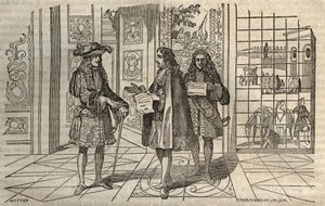 Jean Baptiste Colbert (Jean-Baptiste) (1619-1683) tapaamisessa kuningas Ludvig XIV:n ja Francois Louvoisin (1641-1691) kanssa Versaillesissa - kaiverrus Leclercin mukaan - tekijältä French School