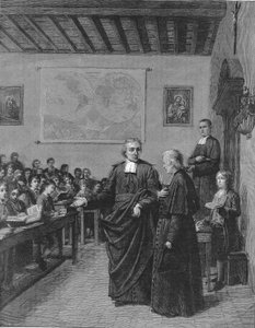 Jean Baptiste De La Salle (Jean-Baptiste) 1651-1719 ranskalainen uskonnollinen, kristillisten koulujen veljien seurakunnan perustaja, esitteli yhtä kouluistaan herra de La Chetardielle. Kaiverrus 1800-luvun lopulta. tekijältä French School