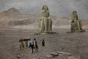 Jean Francois Champollion Memnonin kolosseilla Egyptissä (kaiverrus). tekijältä French School