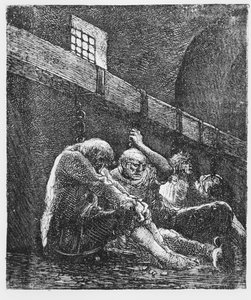 Jean Valjean vankilassa, kuvitus Les Miserablesista, Victor Hugo, 1865 tekijältä French School