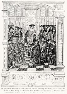 Jean le Feron (1504-70) esittelee yhden teoksistaan kuningas Henrik II:lle (1519-89) Blason dArmoiresista, Jean le Feron, kuvitus teoksesta Tiede ja kirjallisuus keskiajalla ja renessanssin kirjoitus. tekijältä French School
