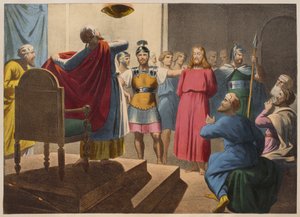 Jeesus Kristus ennen Kaifasta, kuvitus katekismuksesta LHistoire Sainte, julkaisija Charles Delagrave, Pariisi, 1800-luvun loppu