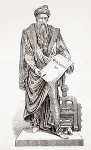 Johannes Gutenberg, muinaisesta ja modernista yleismaailmallisesta historiasta, julkaistu Strasbourgissa n. 1860 (kaiverrus) tekijältä French School