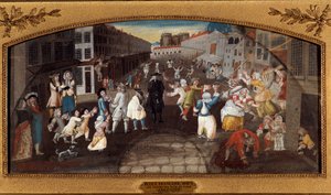 Vitsit Pariisin kaduilta: Rue Saint-Antoine. - "" Les farces des rues de Paris: la rue du faubourg Saint Antoine a Paris"" Ohikulkijat, aikuiset ja lapset, viihdettä ja tappelua. Taustalla näemme Bastillen vankilan. Maalaus (de tekijältä French School