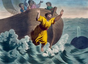 Mereen heitetty Joona, kuvitus katekismuksesta LHistoire Sainte, julkaisija Charles Delagrave, Pariisi, 1800-luvun loppu tekijältä French School