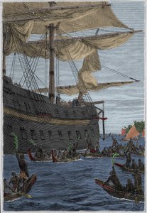 Samuel Wallisin (1728-1795) matka Polynesiaan: alkuperäiskansat pitävät banaanin oksia kädessään tervetulotoivotuksena - kuva otettu teoksesta "1700-luvun suuret merenkulkijat" tekijältä French School