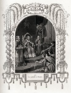 Juhlapäivä Roomassa vuonna 1450 Nikolai V:n (1447-1455) paavin aikana. Maurice Lachatren (1814-1900), Librairie du progress, Pariisin Histoire des Popes -teoksen havainnollistava kaiverrus. tekijältä French School