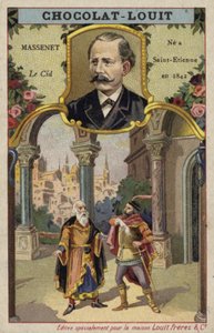 Jules Massenet, ranskalainen säveltäjä, ja kohtaus hänen oopperastaan Le Cid (kromoliittinen kuva) tekijältä French School