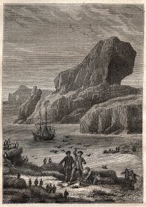 Kerguelenin saaret. Jules Vernen kuvitus 1700-luvun suurille merenkulkijoille - James Cook aux Iles de Kerguelen en 1776 (Kerguelenin saaristo tai Iles de la Desolation) - teoksessa "1700- ja 1800-luvun matkailijat - kuvitus tekijältä French School